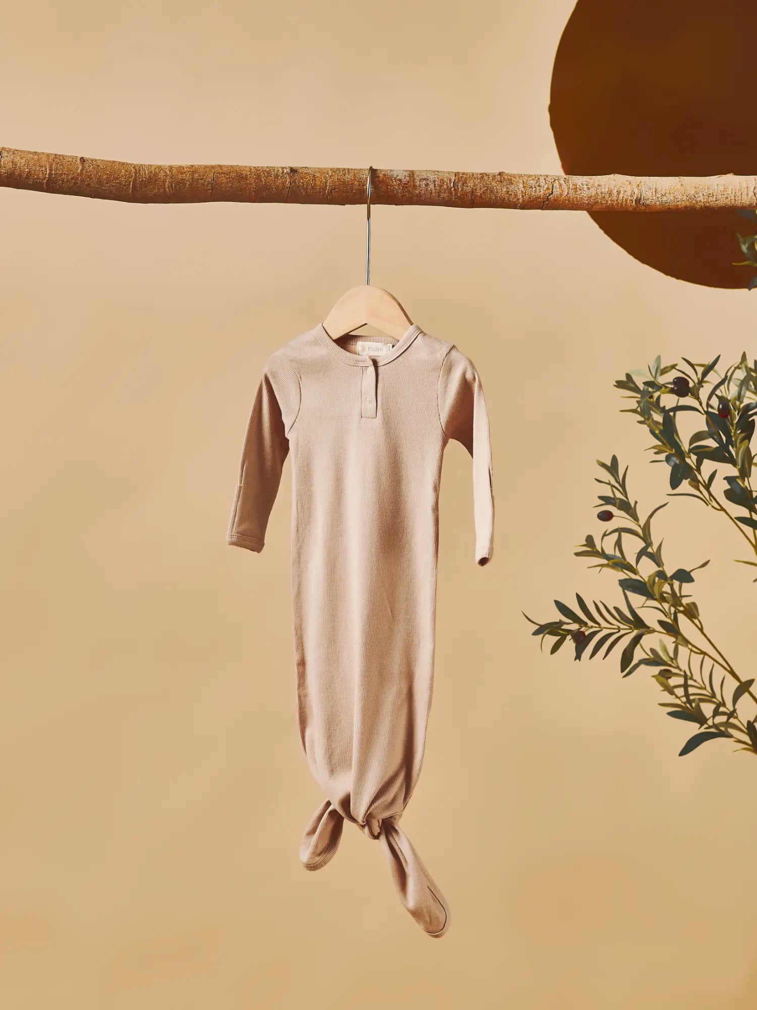 Geo organic ribbed baby knot gown with fold-over cuffs Oat | Paalm Baby Clothing Nigeria