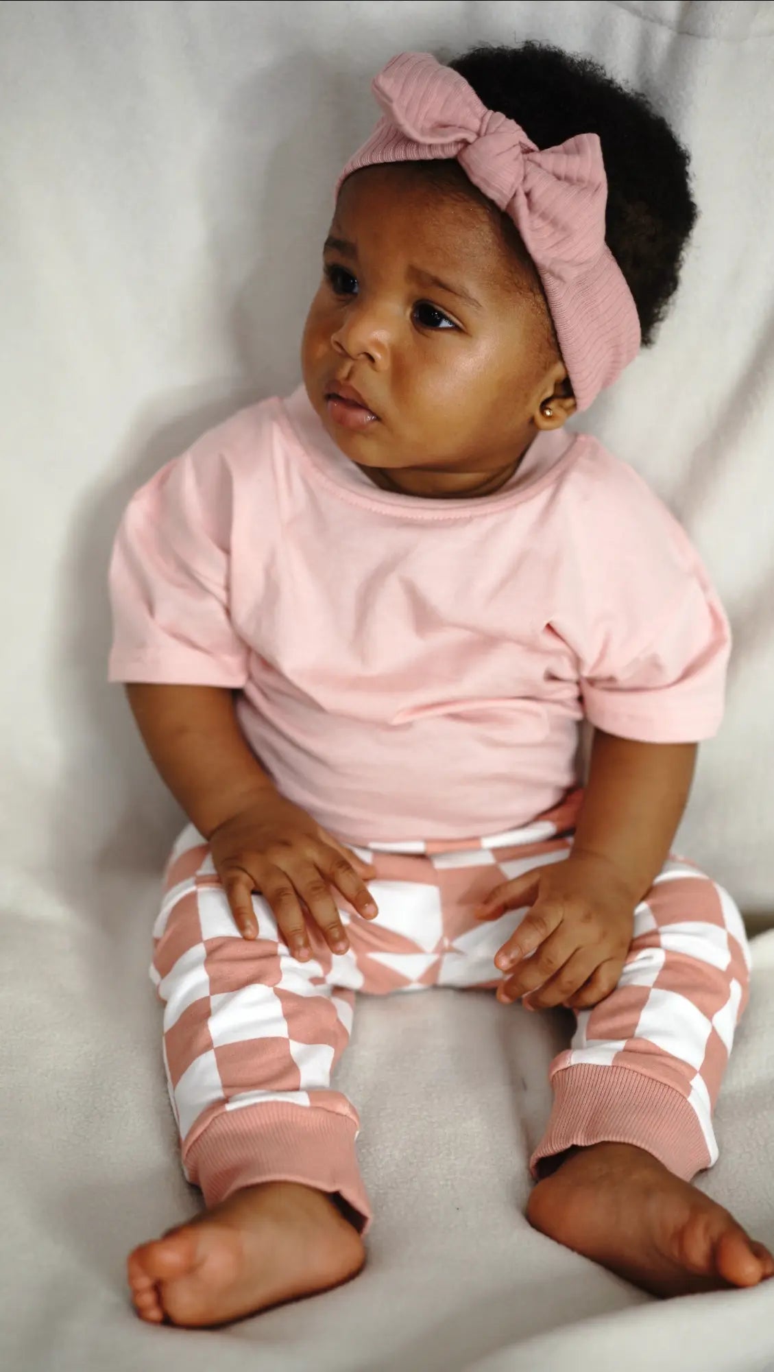 Lia organic cotton checkered baby set - t-shirt and joggers Rose Quartz | Paalm Baby Clothing Nigeria