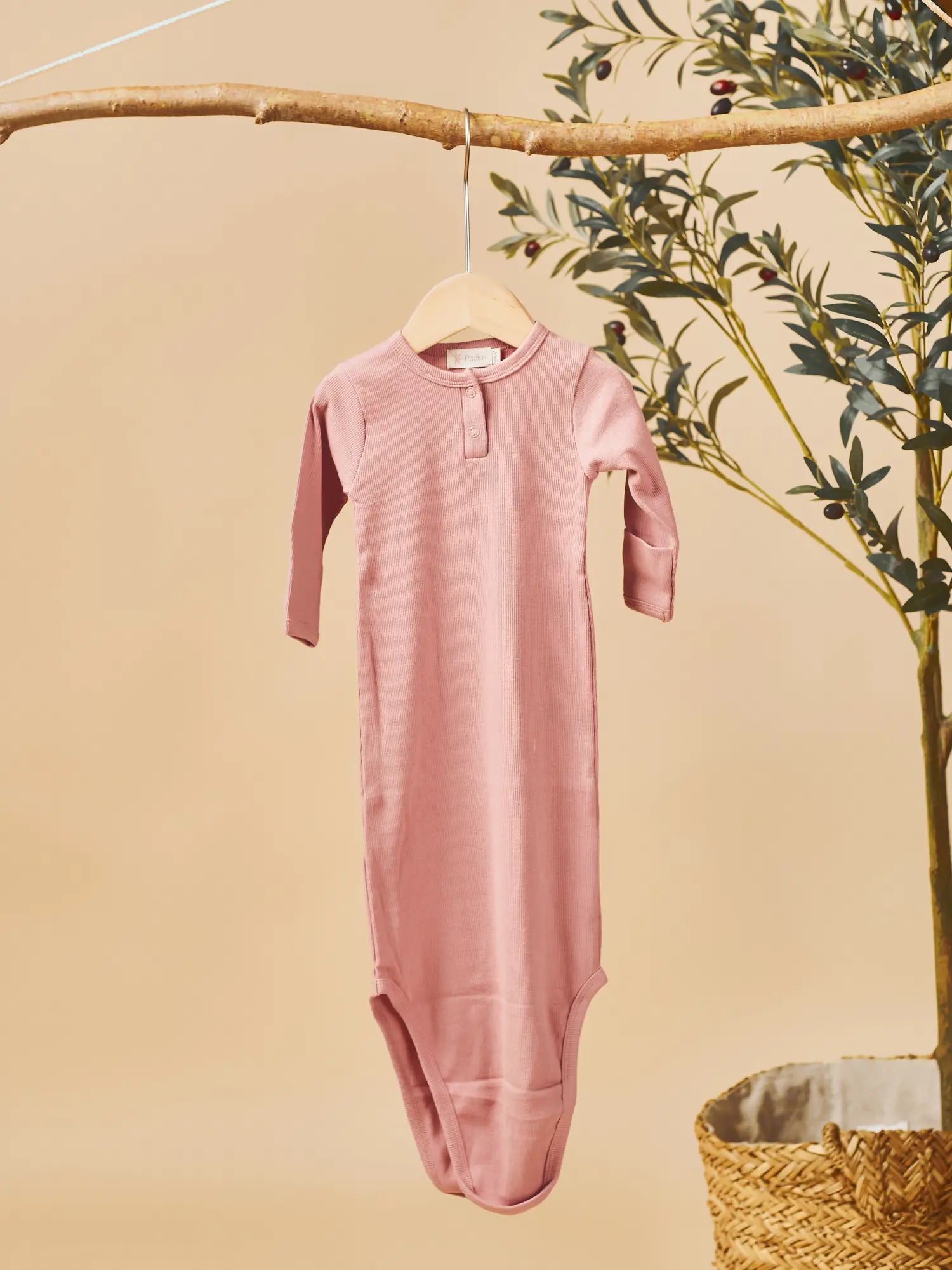 Geo organic ribbed baby knot gown with fold-over cuffs Mauve | Paalm Baby Clothing Nigeria