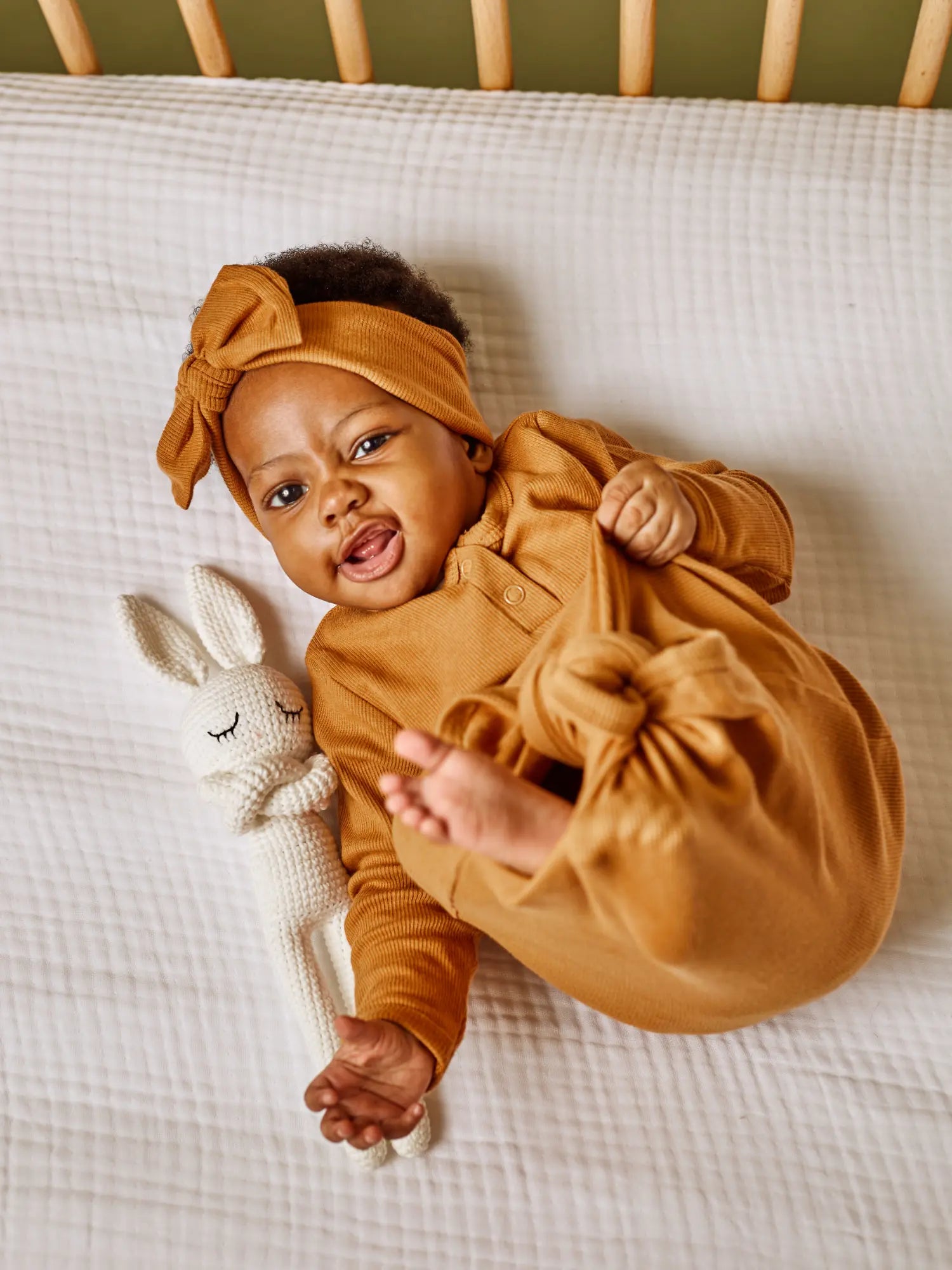 Geo organic ribbed baby knot gown with fold-over cuffs Ginger | Paalm Baby Clothing Nigeria
