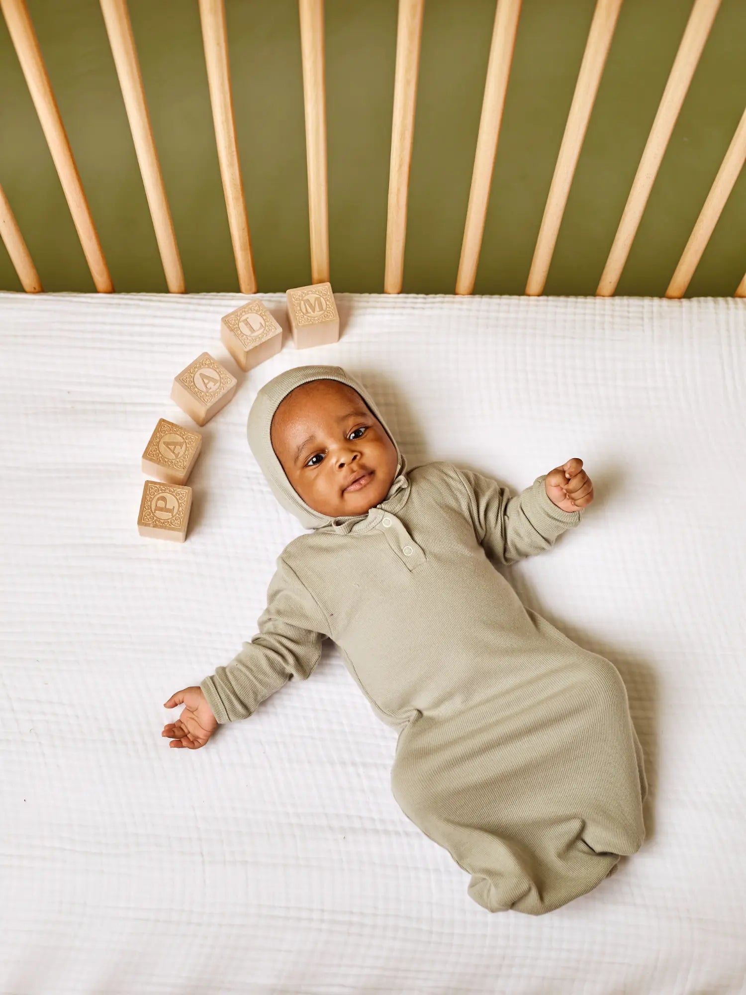 Geo organic ribbed baby knot gown with fold-over cuffs Sage | Paalm Baby Clothing Nigeria